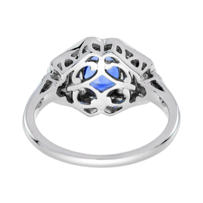 Blue Oval Shape Sapphire &amp; Diamond Art Deco Style Engagement 14K White Gold Ring