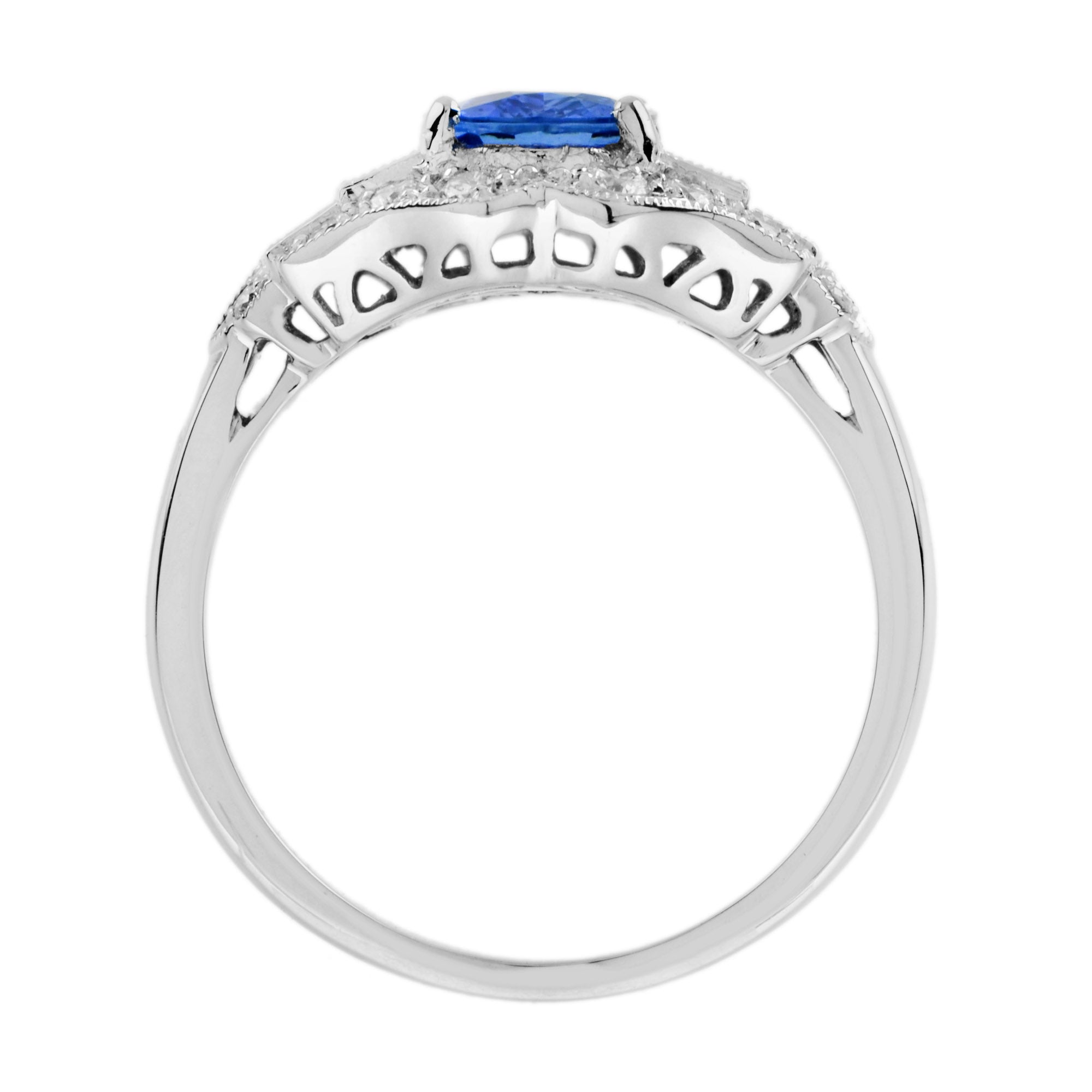 Blue Oval Shape Sapphire &amp; Diamond Art Deco Style Engagement 14K White Gold Ring