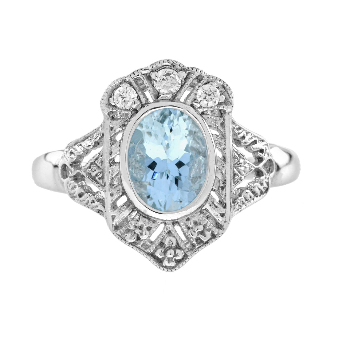 Oval Blue Aquamarine &amp; Diamond Art Deco Style Engagement 14K White Gold Ring