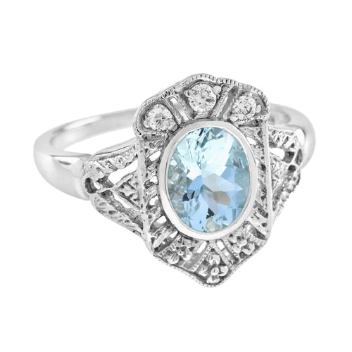 1.58 ctw Art Deco Style Blue Aquamarine & Diamond Oval Engagement Ring 14K White Gold