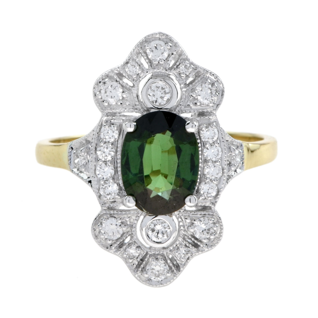 Art Deco Style Oval Green Tourmaline &  Diamond Halo 14K Gold Ring