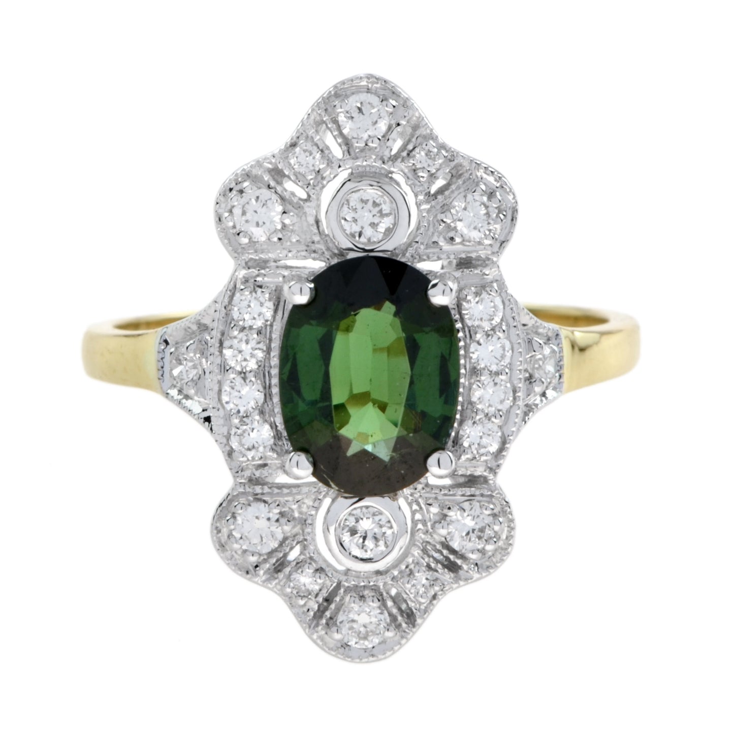 art deco style oval green tourmaline &  diamond halo 14k gold ring