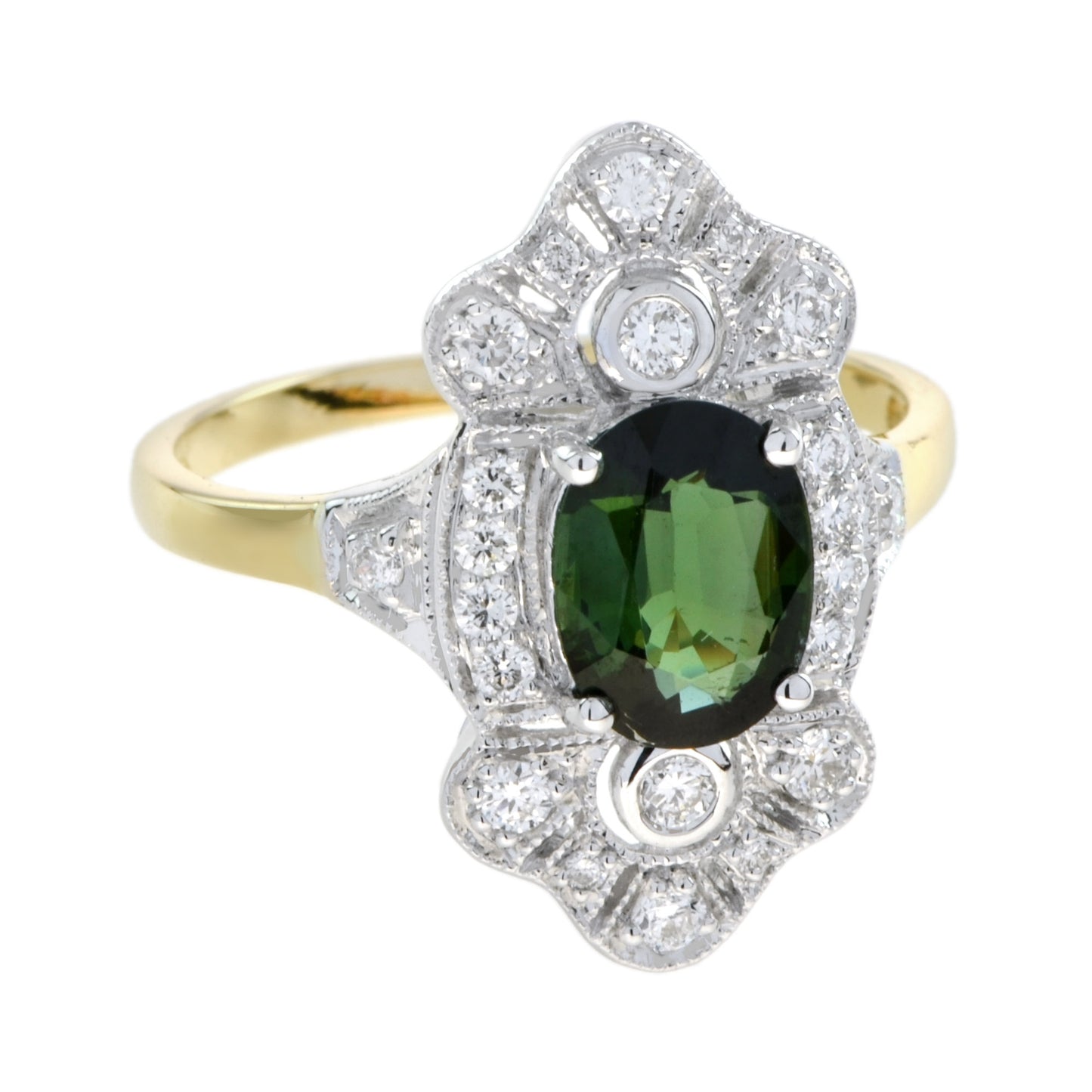 art deco style oval green tourmaline &  diamond halo 14k gold ring
