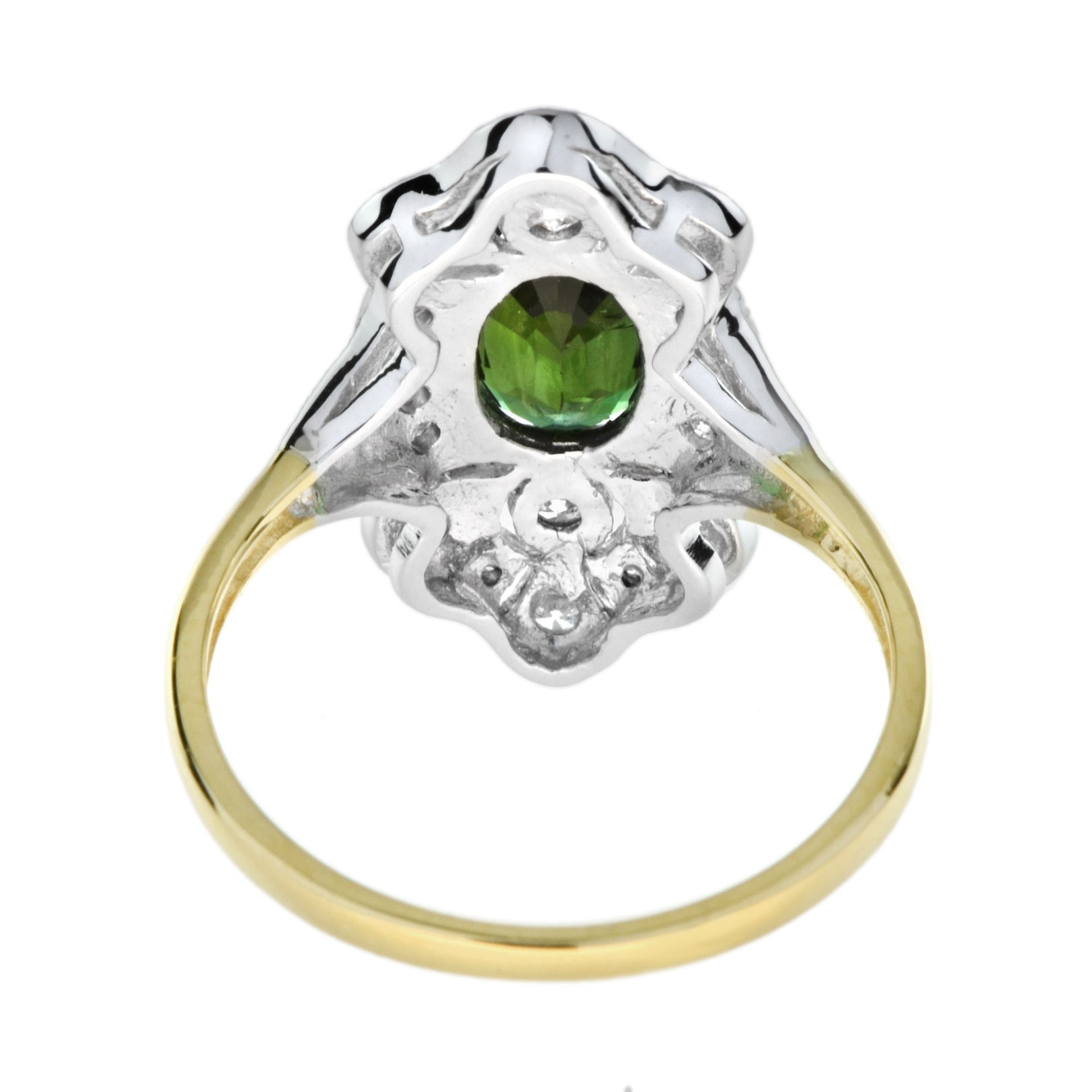 Art Deco Style Oval Green Tourmaline &  Diamond Halo 14K Gold Ring