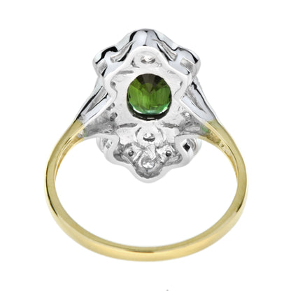 Art Deco Style Oval Green Tourmaline &  Diamond Halo 14K Gold Ring