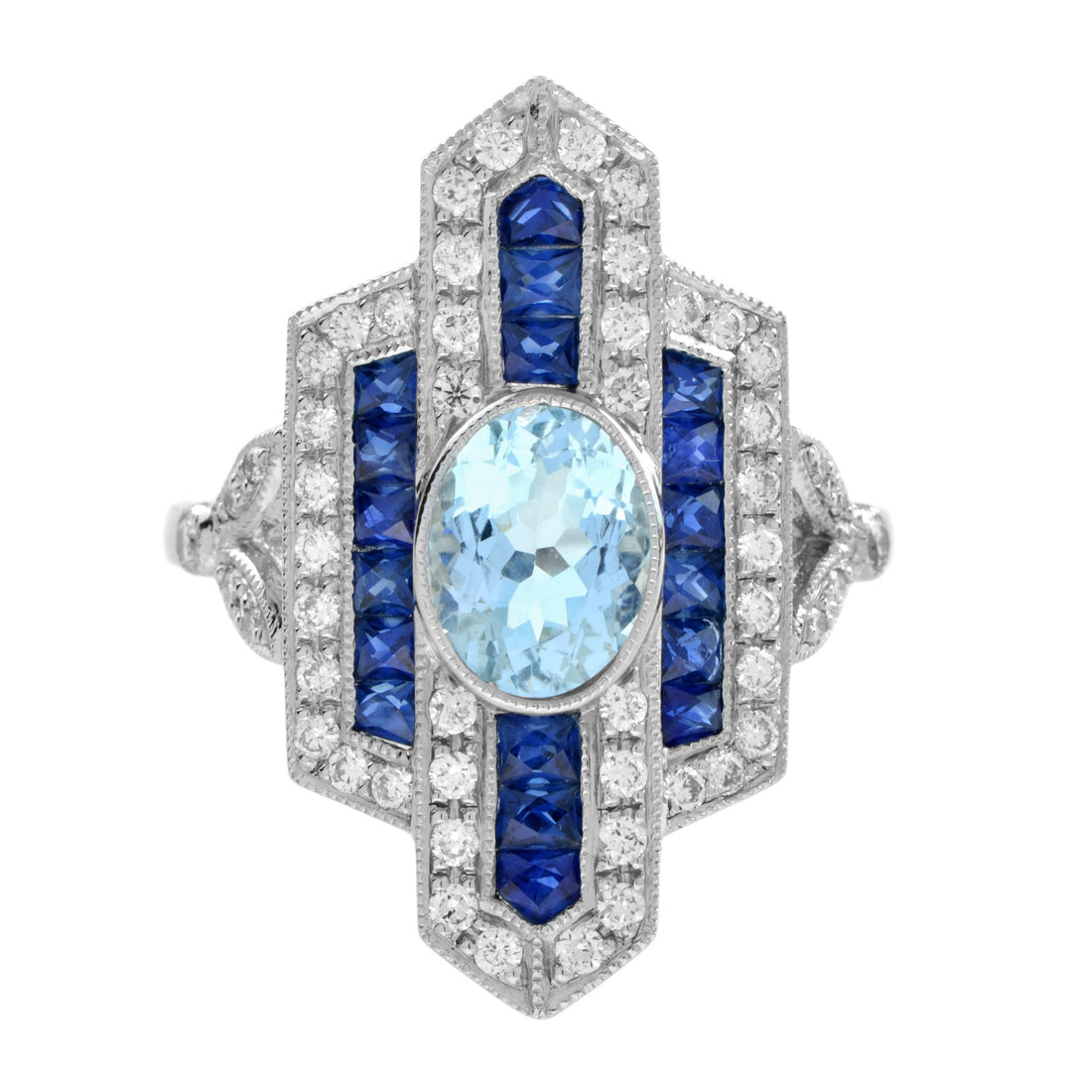 Oval Shape Aquamarine & Blue Sapphire Diamond Art Deco Style White Gold Ring