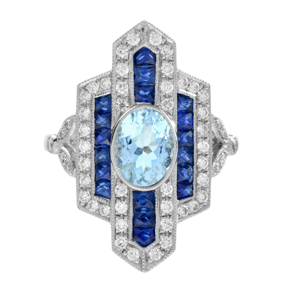 3.45 ctw Art Deco Style Blue Sapphire, Aquamarine & Diamond 14K White Gold Ring