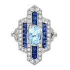3.45 ctw Art Deco Style Blue Sapphire, Aquamarine & Diamond 14K White Gold Ring
