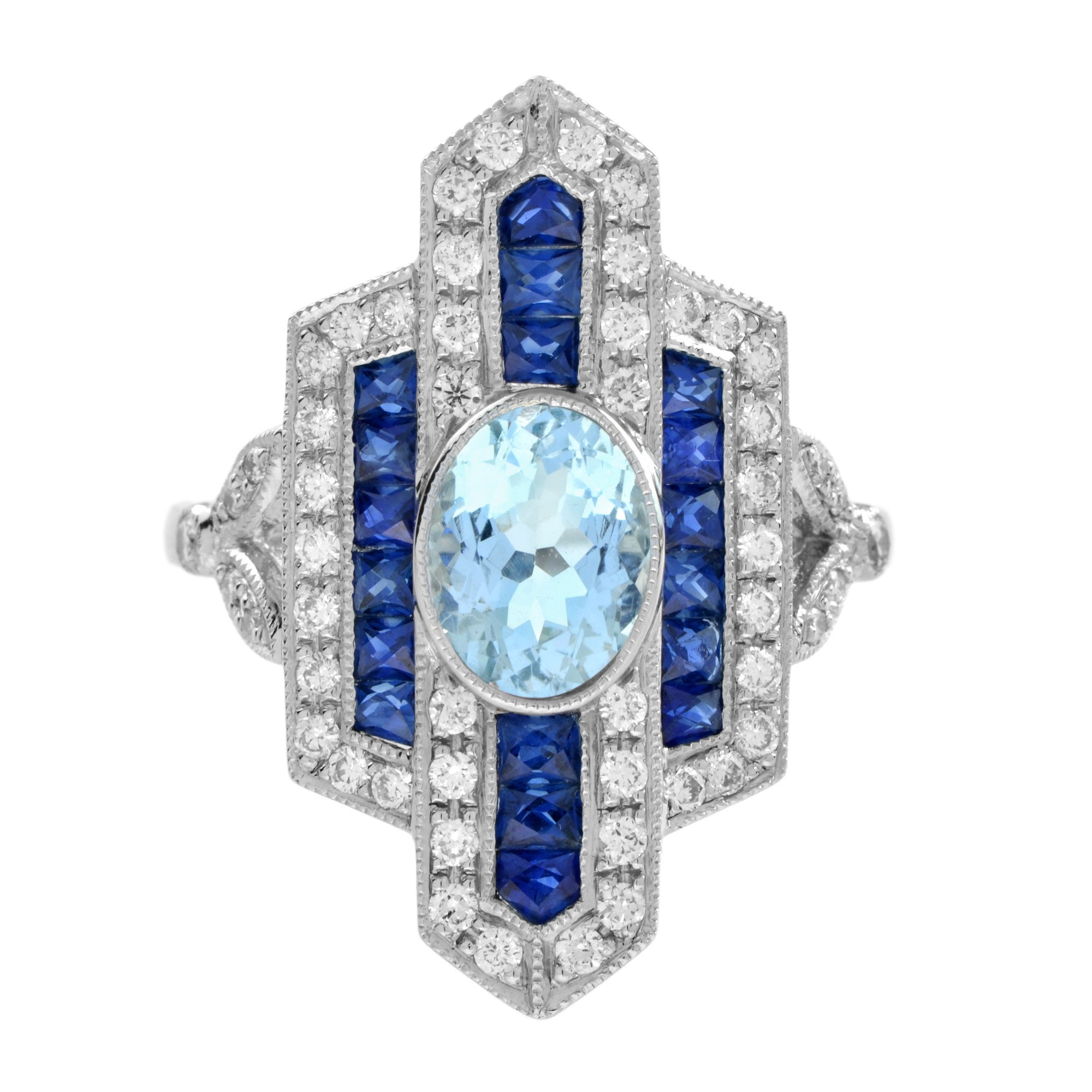 Oval Shape Aquamarine &amp; Blue Sapphire Diamond Art Deco Style White Gold Ring