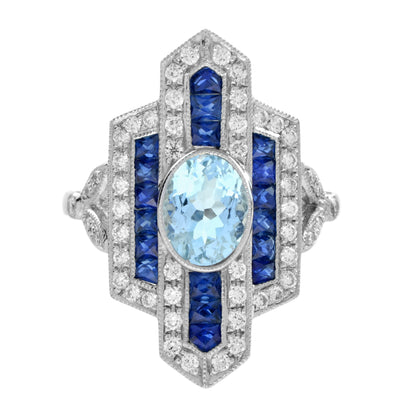 Oval Shape Aquamarine &amp; Blue Sapphire Diamond Art Deco Style White Gold Ring