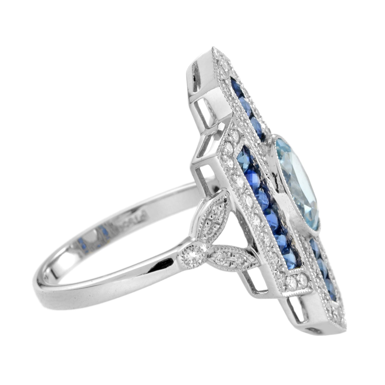 Oval Shape Aquamarine &amp; Blue Sapphire Diamond Art Deco Style White Gold Ring