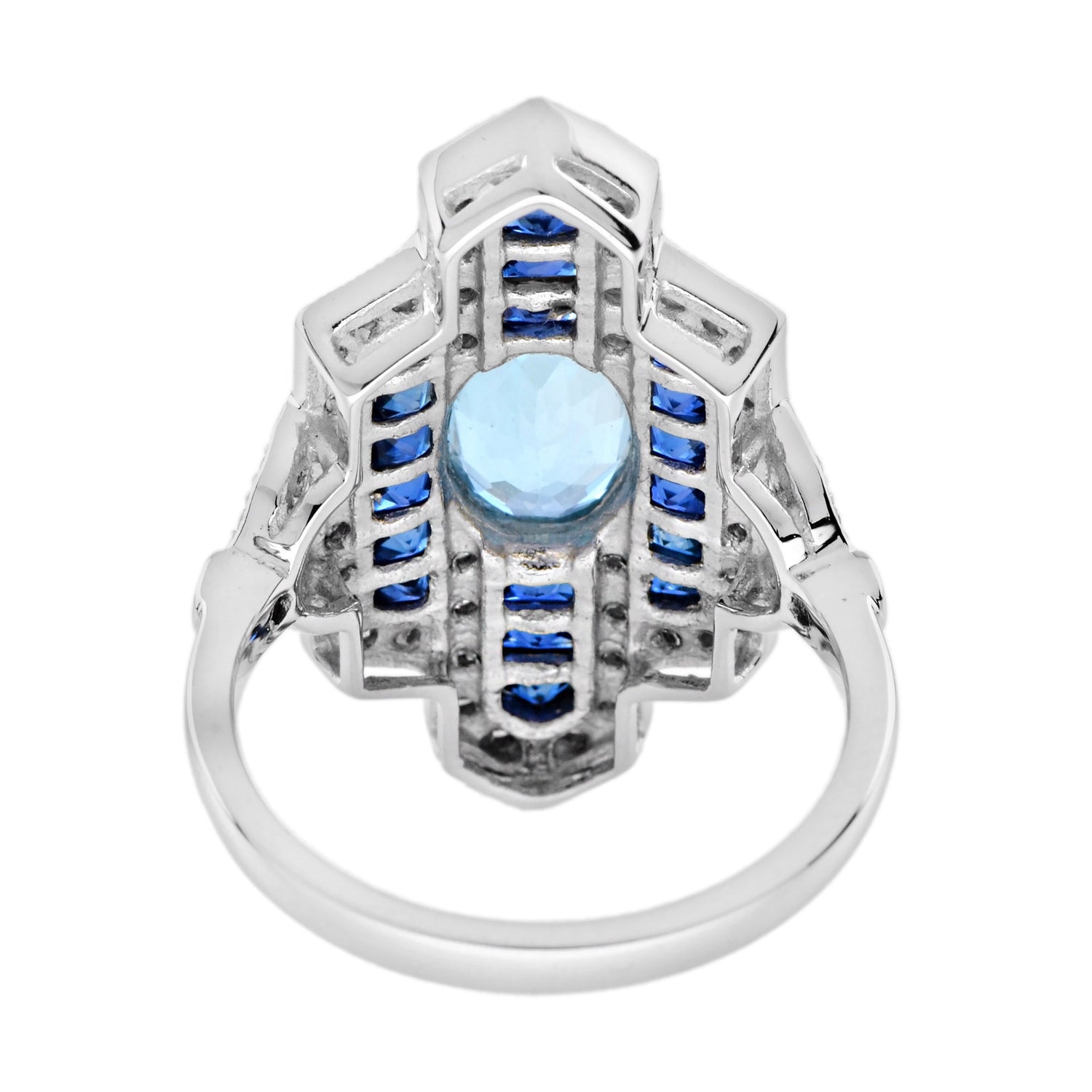 Oval Shape Aquamarine &amp; Blue Sapphire Diamond Art Deco Style White Gold Ring