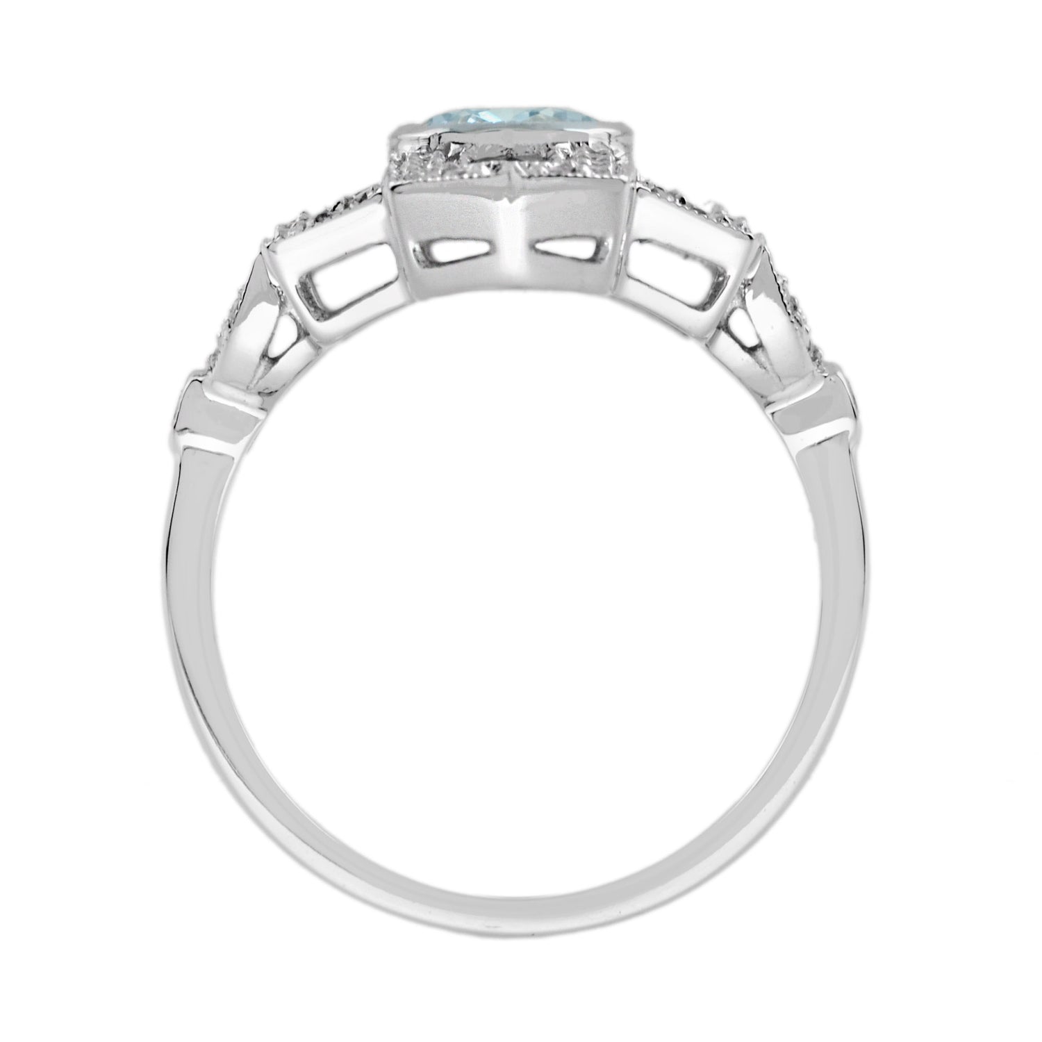 Oval Shape Aquamarine &amp; Blue Sapphire Diamond Art Deco Style White Gold Ring