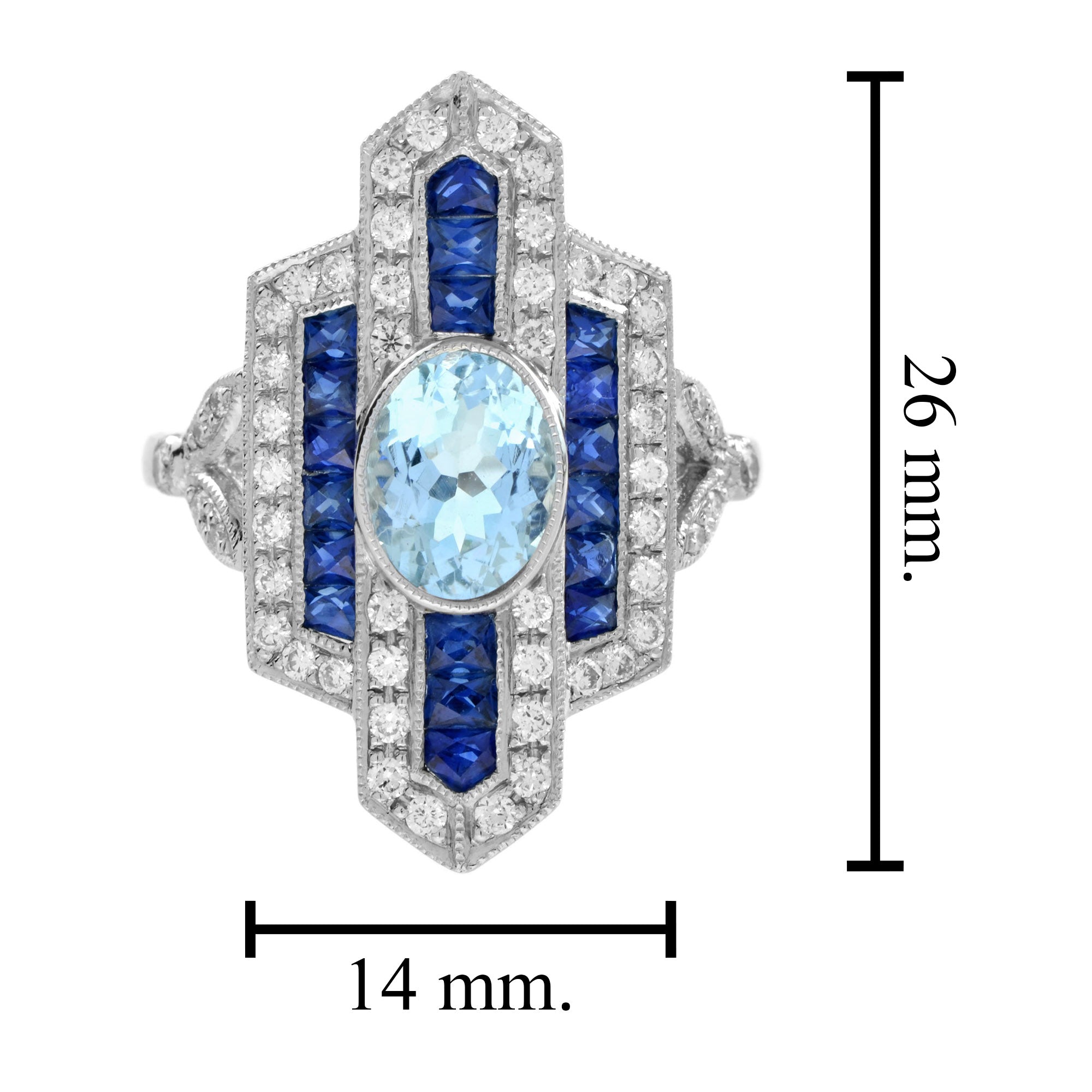 Oval Shape Aquamarine &amp; Blue Sapphire Diamond Art Deco Style White Gold Ring