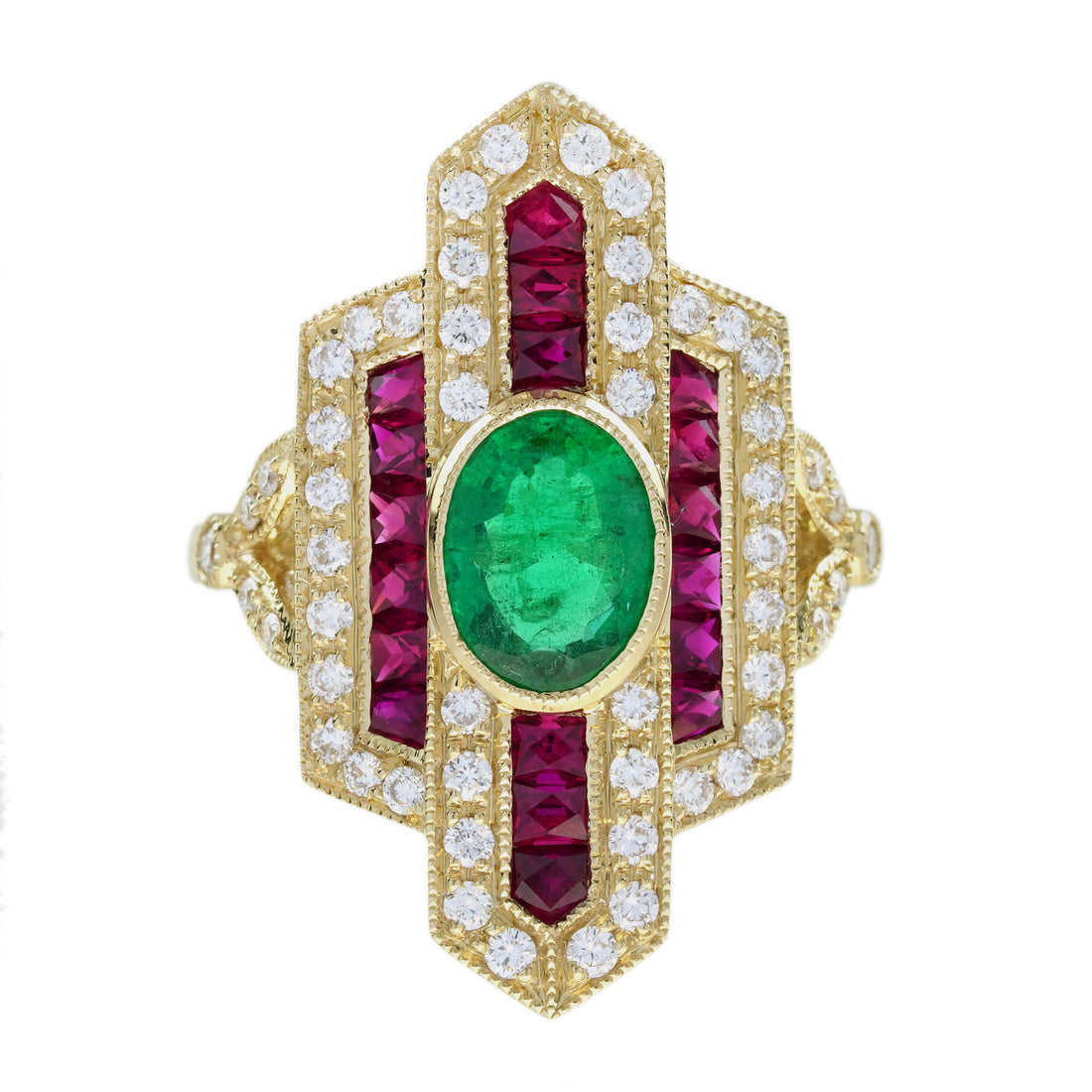 Emerald &amp; Ruby Diamond Vintage Inspired Art Deco Style Dinner Yellow Gold Ring