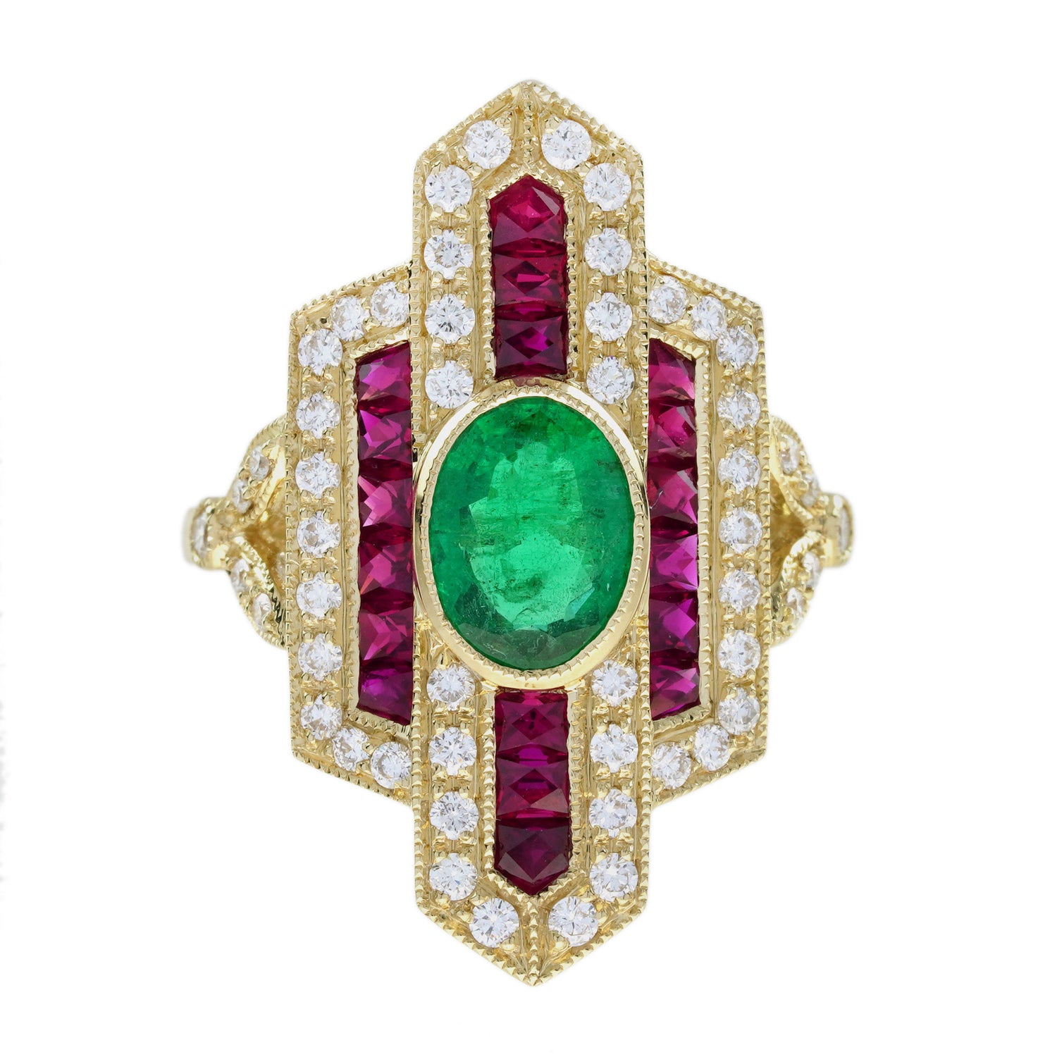 Emerald &amp; Ruby Diamond Vintage Inspired Art Deco Style Dinner Yellow Gold Ring
