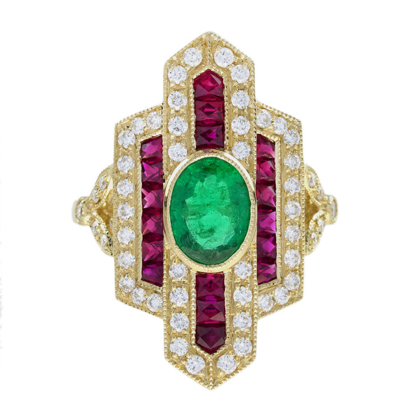 3.33 Ctw Vintage Inspired Art Deco Style Emerald, Ruby & Diamond 14K Yellow Gold Dinner Ring