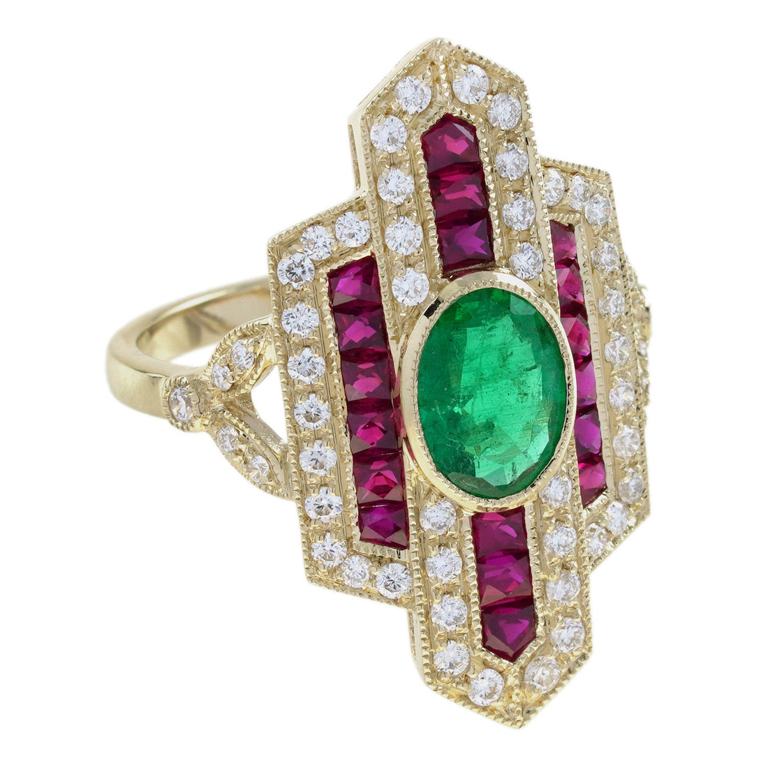 Emerald &amp; Ruby Diamond Vintage Inspired Art Deco Style Dinner Yellow Gold Ring