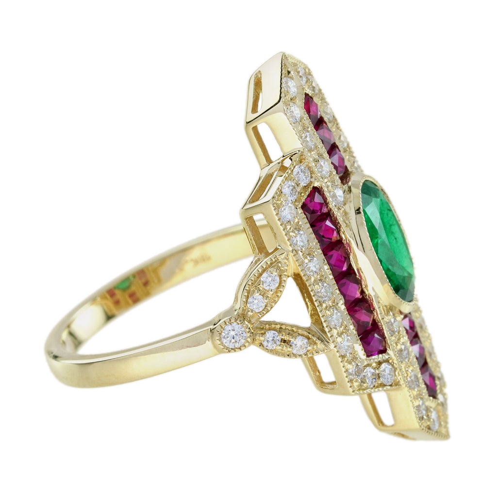 Emerald & Ruby Diamond Vintage Inspired Art Deco Style Dinner Yellow Gold Ring