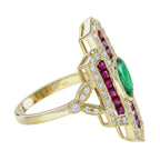 Emerald & Ruby Diamond Vintage Inspired Art Deco Style Dinner Yellow Gold Ring