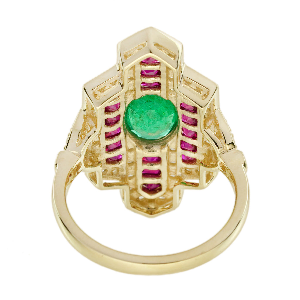 Emerald & Ruby Diamond Vintage Inspired Art Deco Style Dinner Yellow Gold Ring