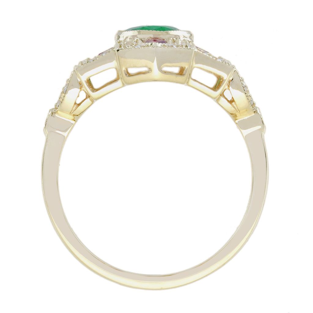 Emerald & Ruby Diamond Vintage Inspired Art Deco Style Dinner Yellow Gold Ring
