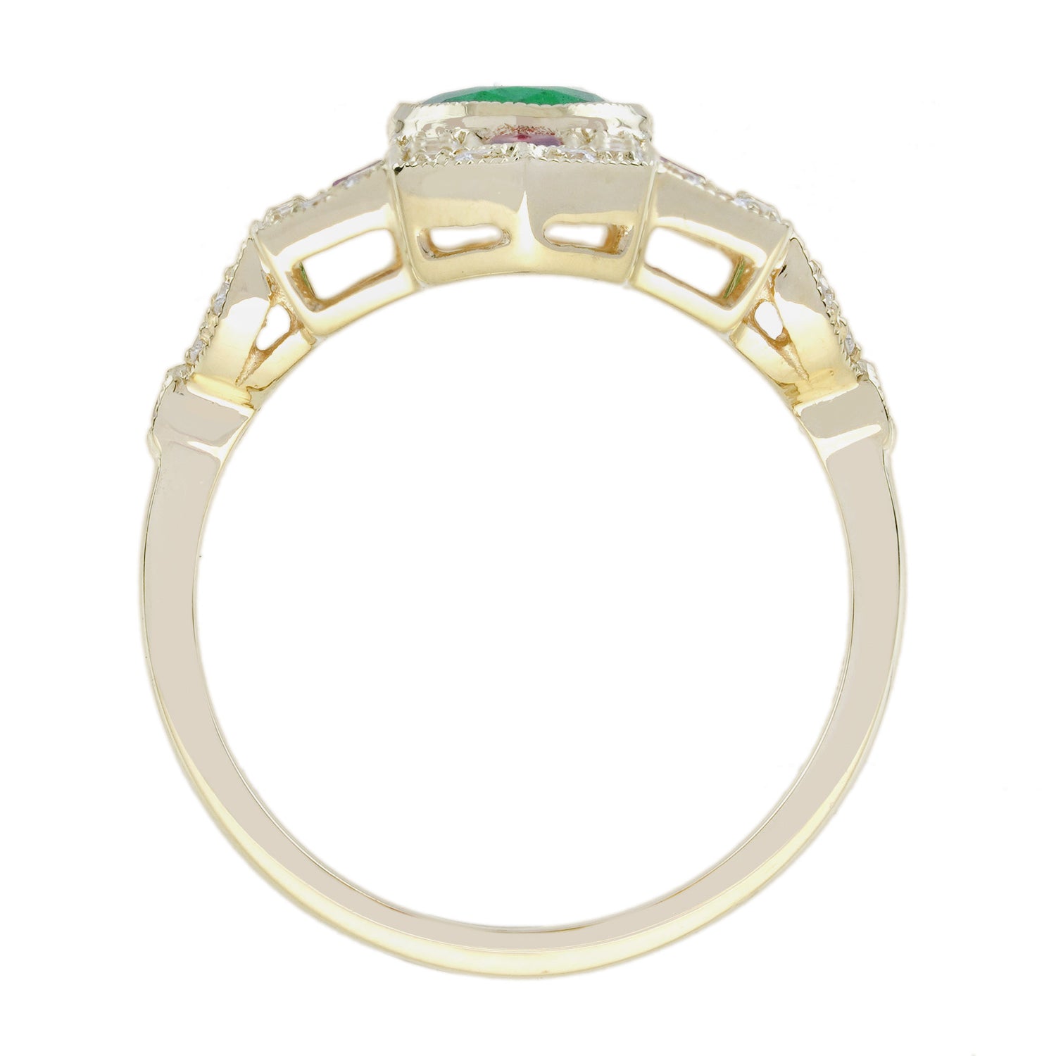 Emerald &amp; Ruby Diamond Vintage Inspired Art Deco Style Dinner Yellow Gold Ring