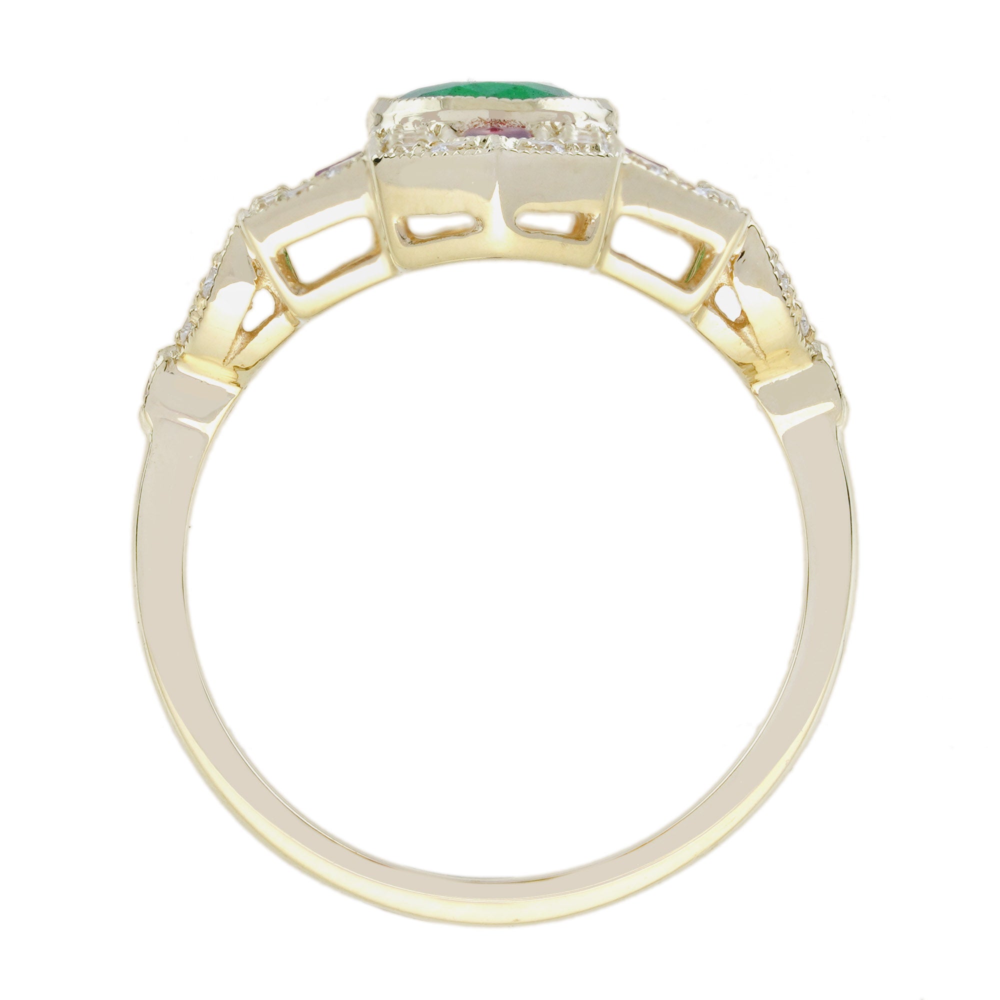 Emerald &amp; Ruby Diamond Vintage Inspired Art Deco Style Dinner Yellow Gold Ring