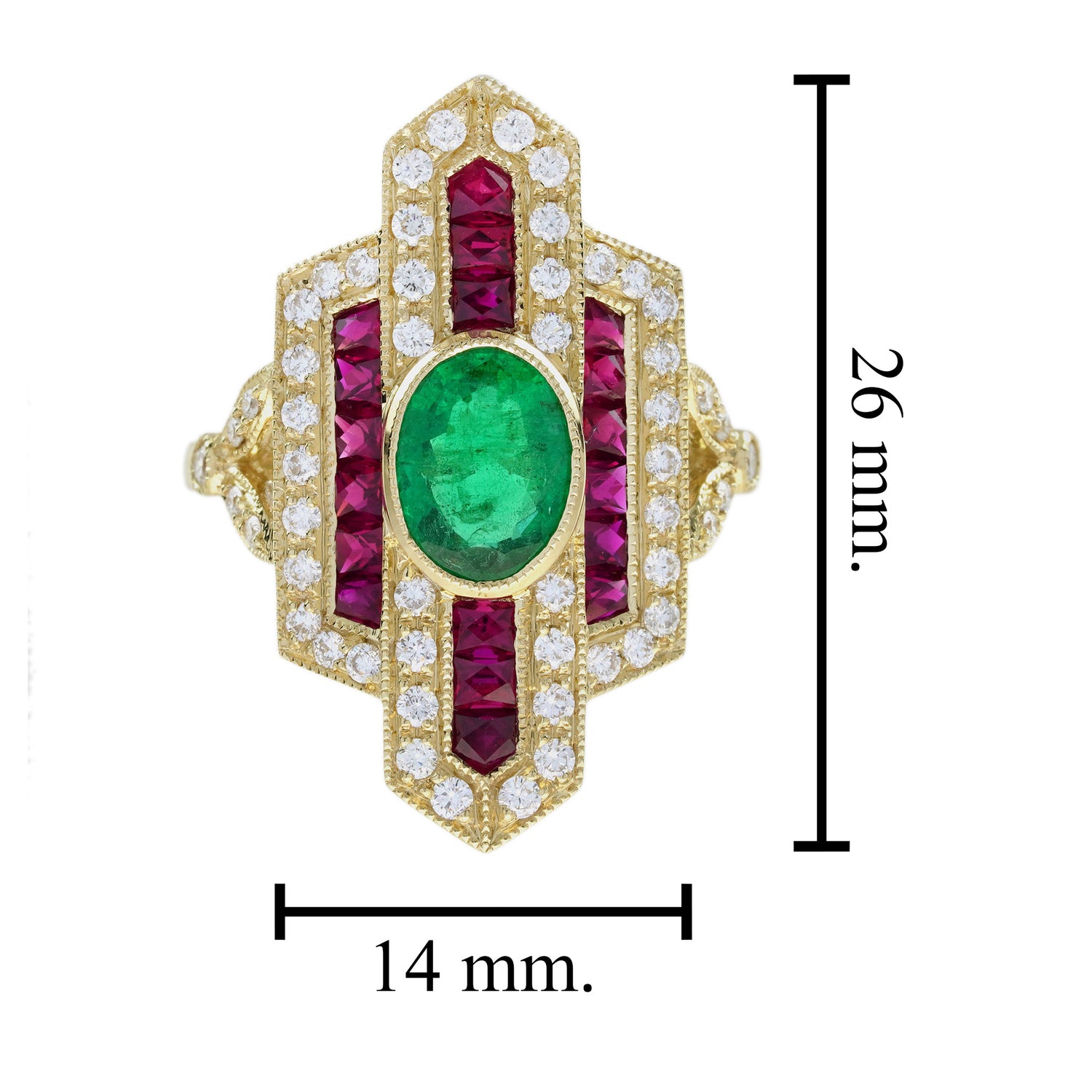 Emerald &amp; Ruby Diamond Vintage Inspired Art Deco Style Dinner Yellow Gold Ring
