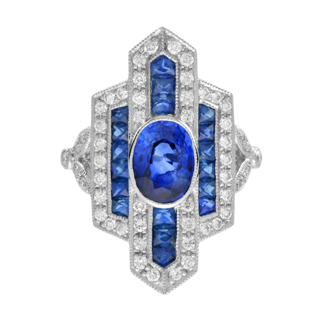 Blue Oval Shape Sapphire & Diamond Art Deco Style Cocktail 18K White Gold Ring
