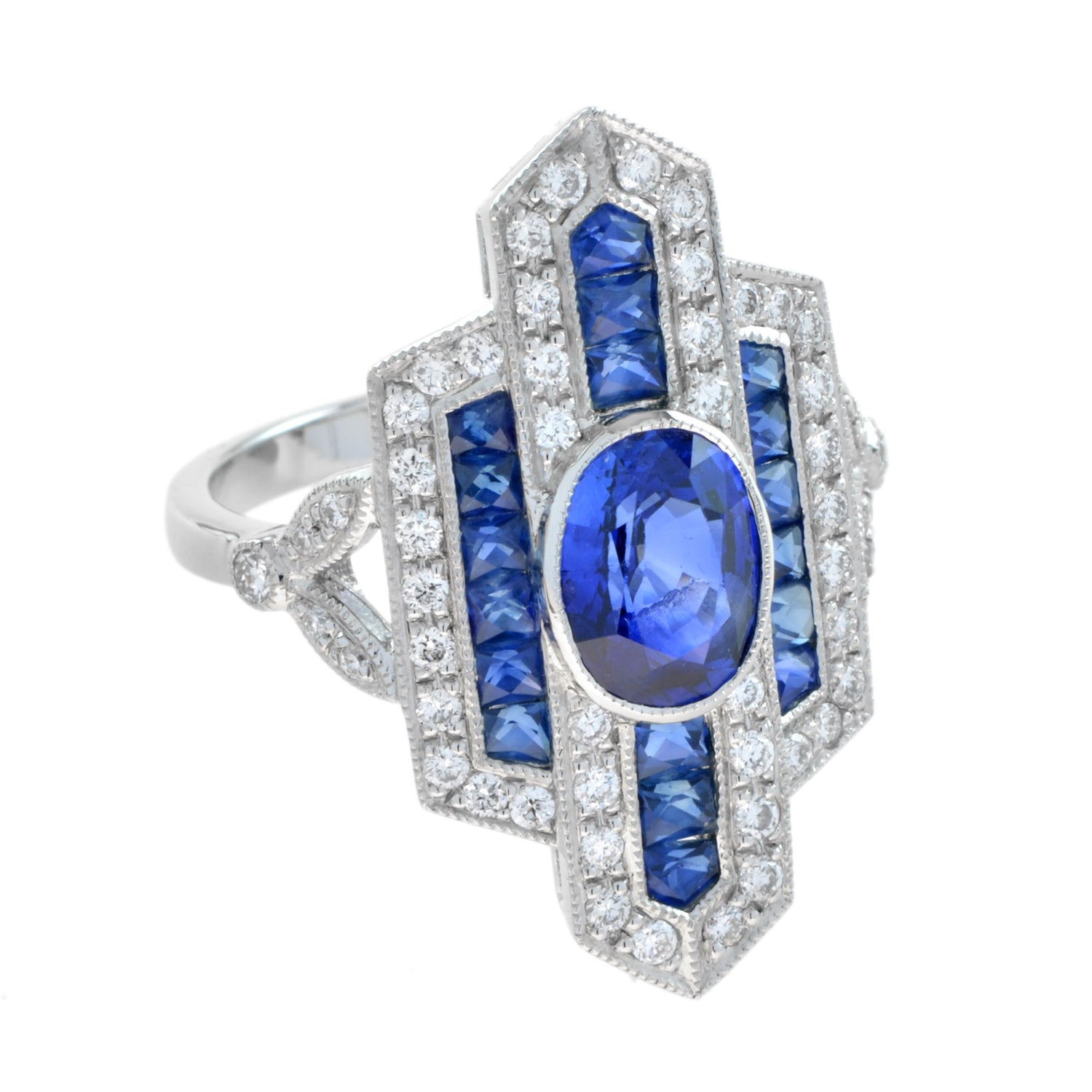 Blue Oval Shape Sapphire &amp; Diamond Art Deco Style Cocktail 18K White Gold Ring