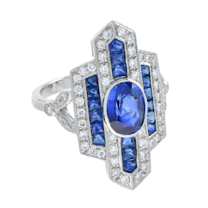Blue Oval Shape Sapphire &amp; Diamond Art Deco Style Cocktail 18K White Gold Ring