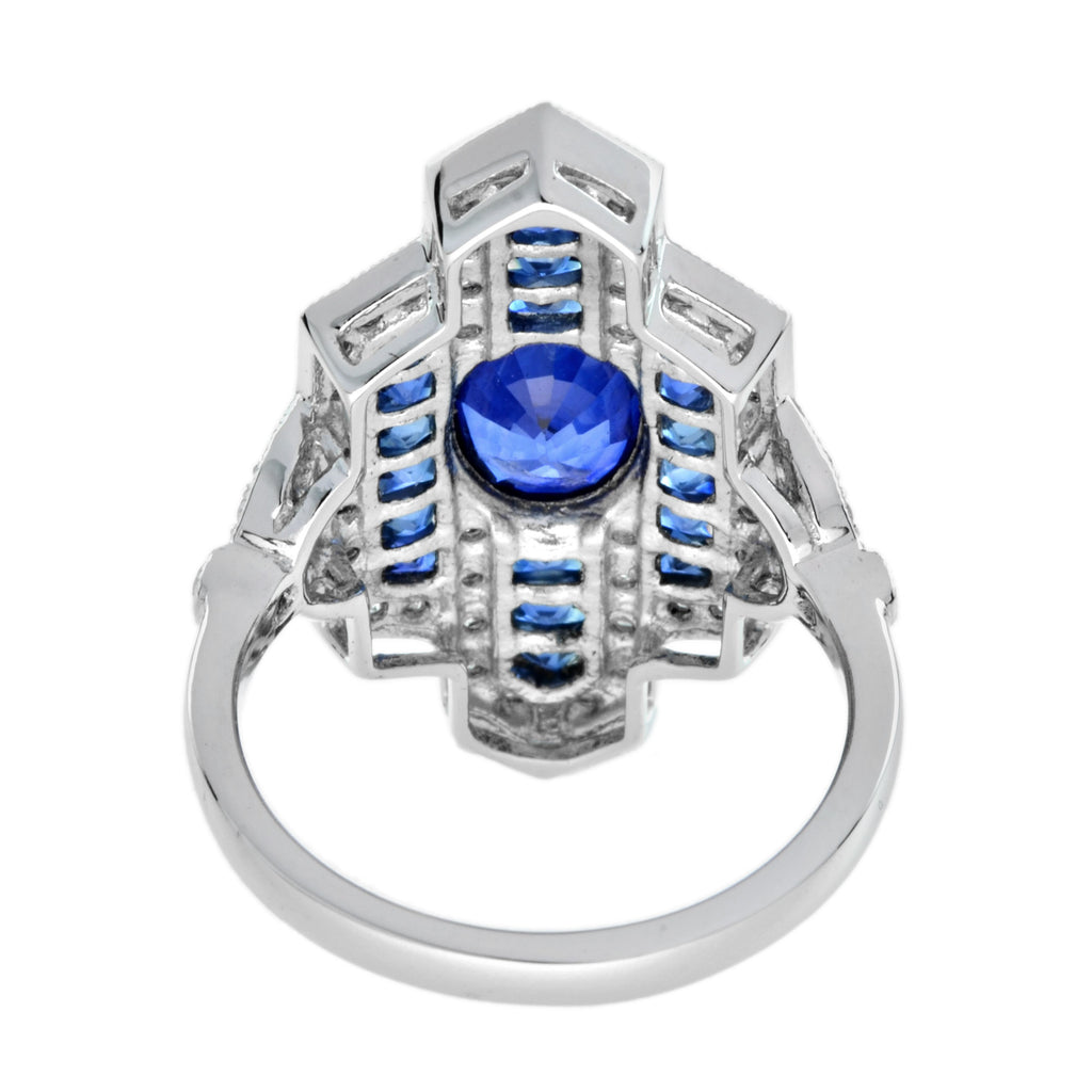 Blue Oval Shape Sapphire & Diamond Art Deco Style Cocktail 18K White Gold Ring