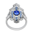 Blue Oval Shape Sapphire & Diamond Art Deco Style Cocktail 18K White Gold Ring