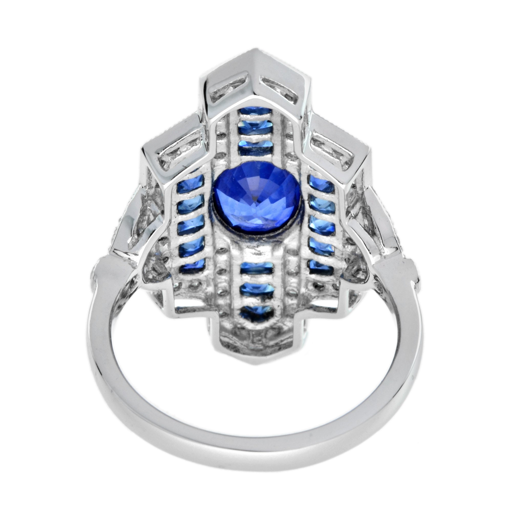 Blue Oval Shape Sapphire &amp; Diamond Art Deco Style Cocktail 18K White Gold Ring
