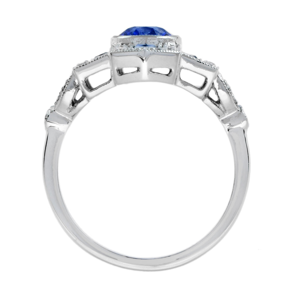 Blue Oval Shape Sapphire & Diamond Art Deco Style Cocktail 18K White Gold Ring