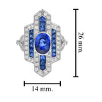 Blue Oval Shape Sapphire & Diamond Art Deco Style Cocktail 18K White Gold Ring