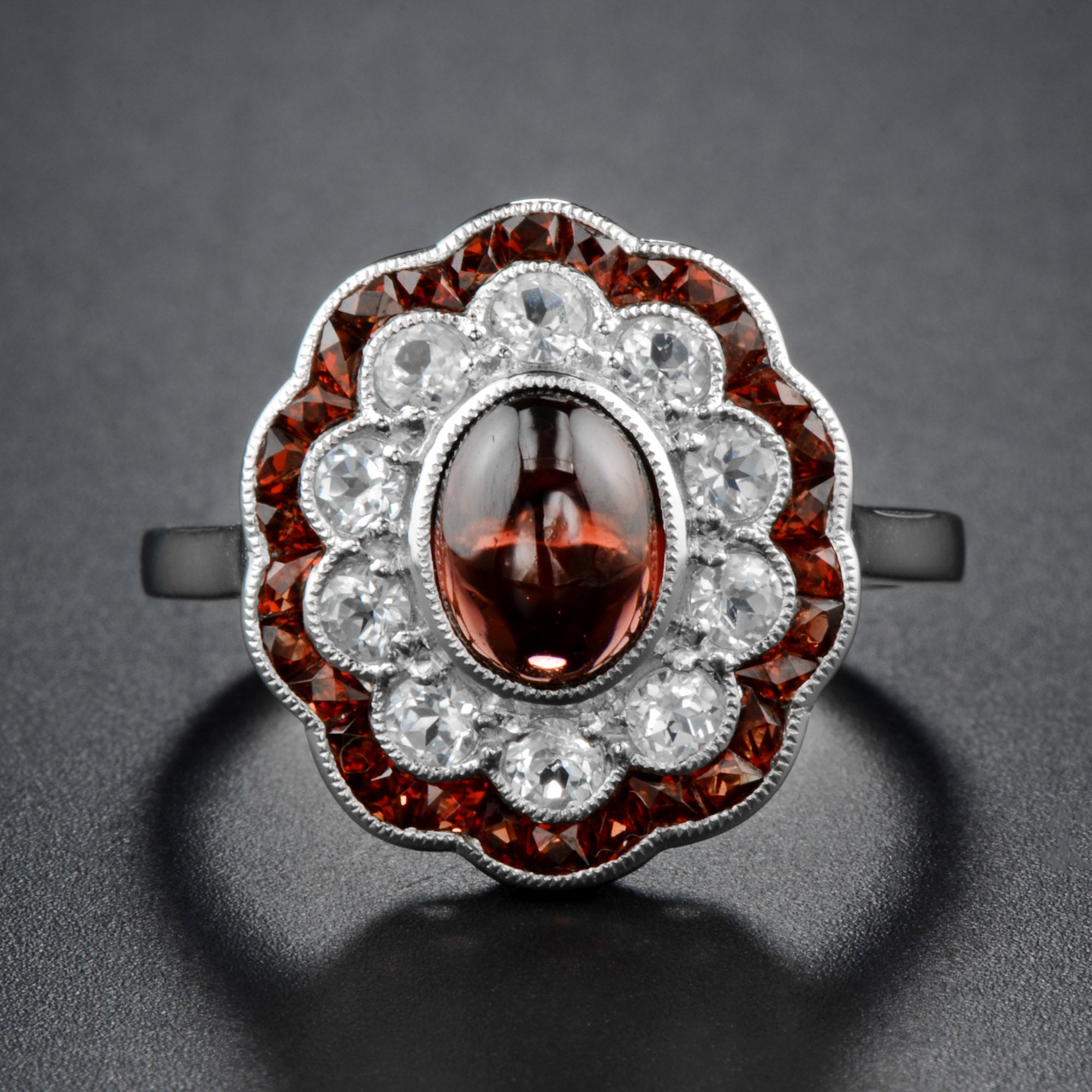 Oval Shape Cabochon Red Garnet &amp; Diamond Art Deco Style Halo 14K White Gold Ring