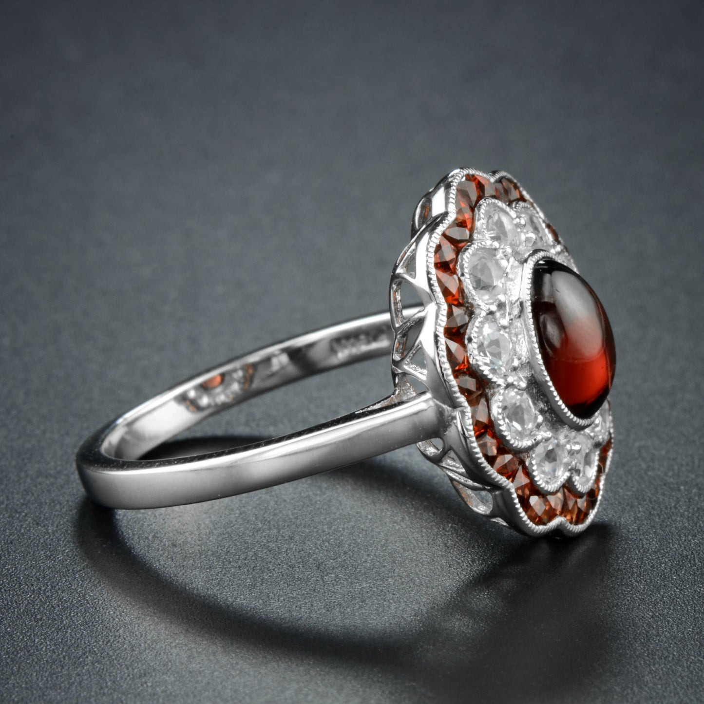oval shape cabochon red garnet & diamond art deco style halo 14k white gold ring