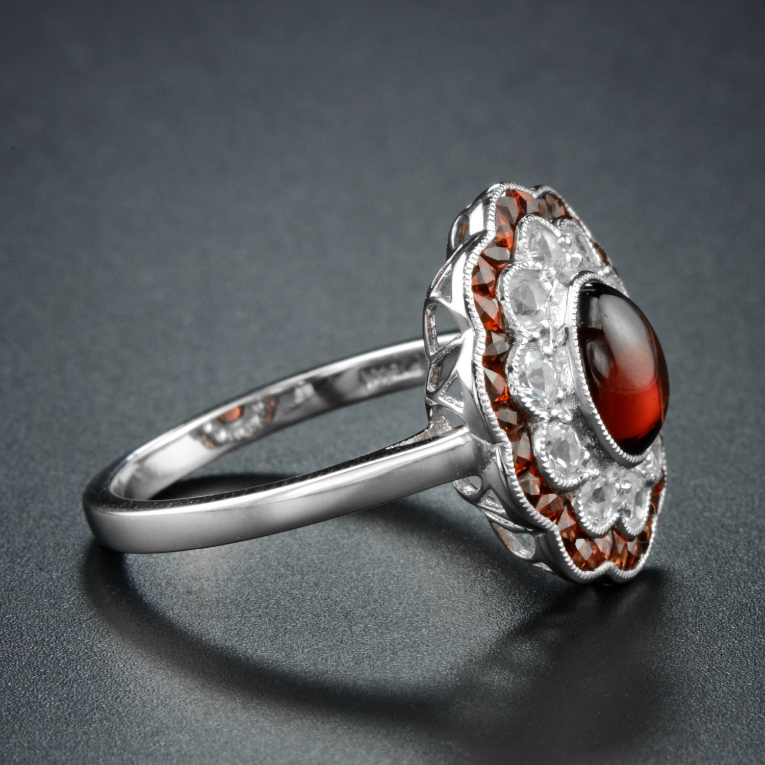 Oval Shape Cabochon Red Garnet &amp; Diamond Art Deco Style Halo 14K White Gold Ring