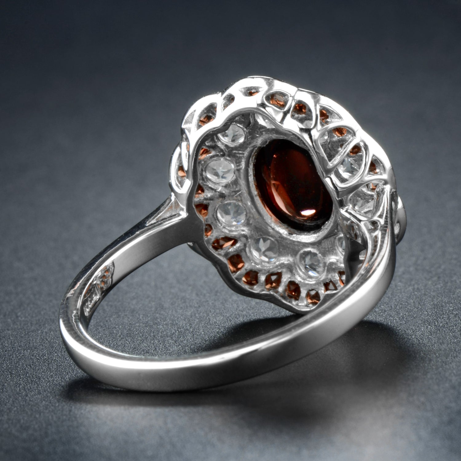 Oval Shape Cabochon Red Garnet &amp; Diamond Art Deco Style Halo 14K White Gold Ring