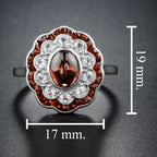 Oval Shape Cabochon Red Garnet & Diamond Art Deco Style Halo 14K White Gold Ring