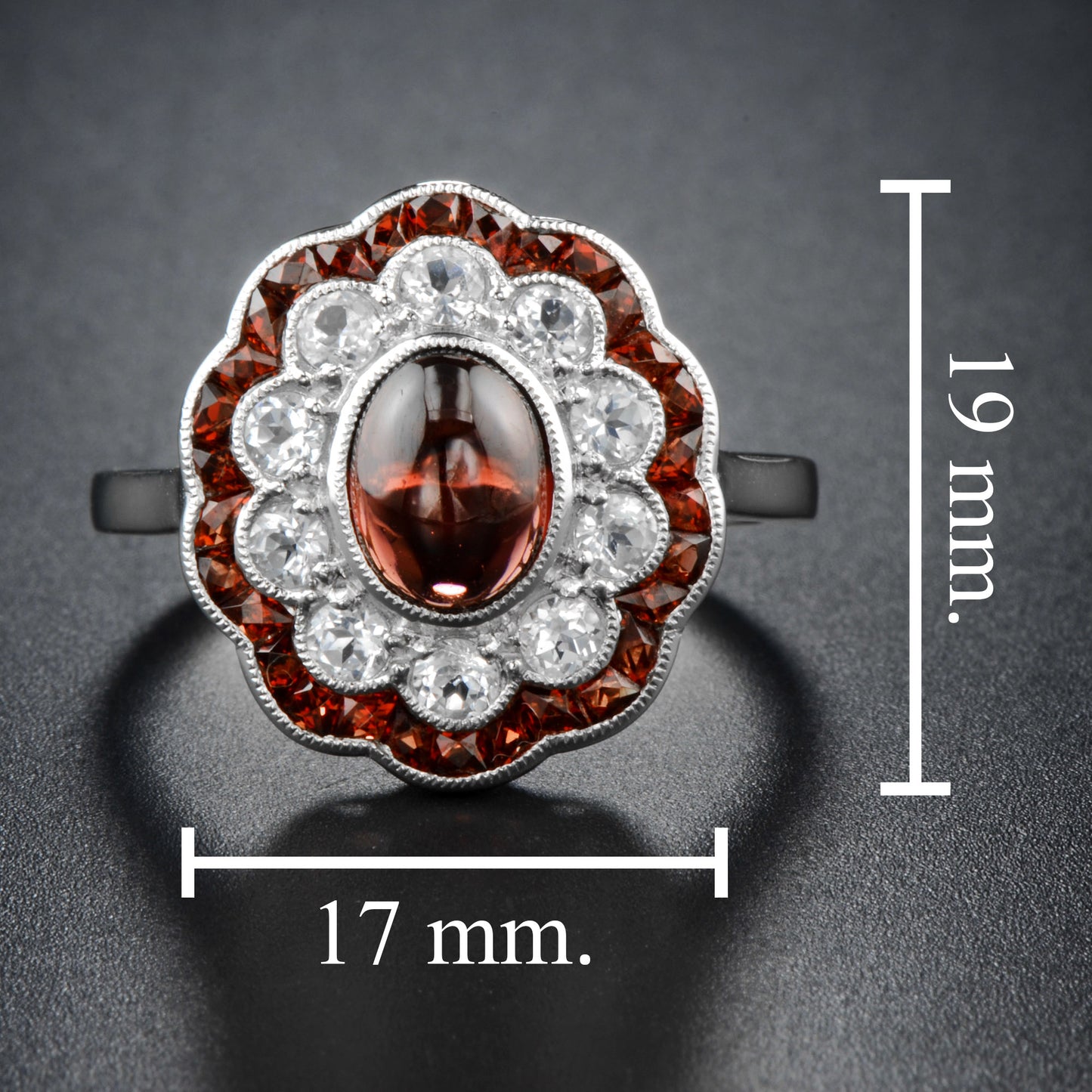 oval shape cabochon red garnet & diamond art deco style halo 14k white gold ring