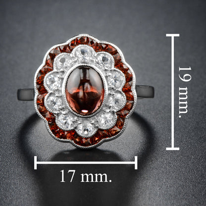 Oval Shape Cabochon Red Garnet & Diamond Art Deco Style Halo 14K White Gold Ring