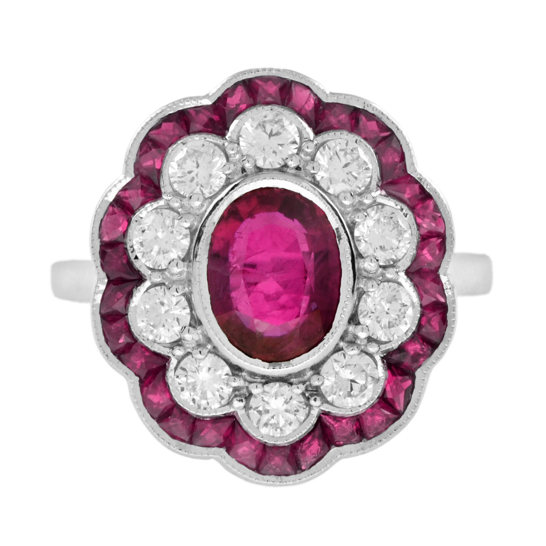 Certified No Heated Siamese Red Pink Ruby & Diamonds Cluster 18K White Gold Ring