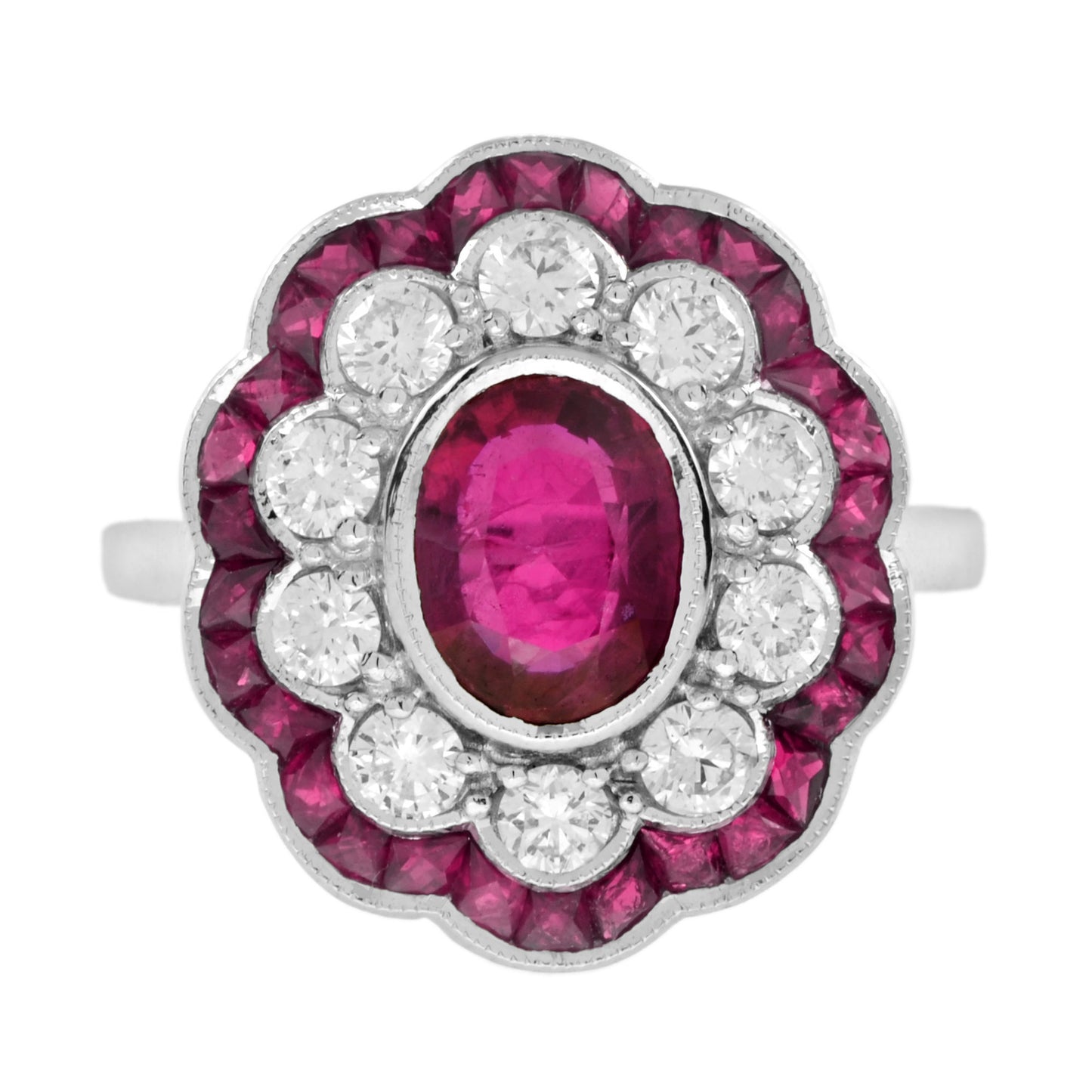 certified no heated siamese red pink ruby & diamonds cluster 18k white gold ring