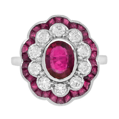 Certified No Heated Siamese Red Pink Ruby & Diamonds Cluster 18K White Gold Ring