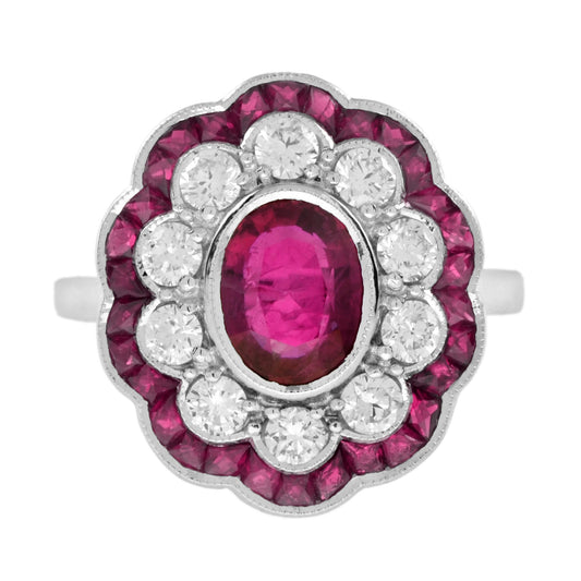 Certified No Heated Siamese Red Pink Ruby & Diamonds Cluster 18K White Gold Ring