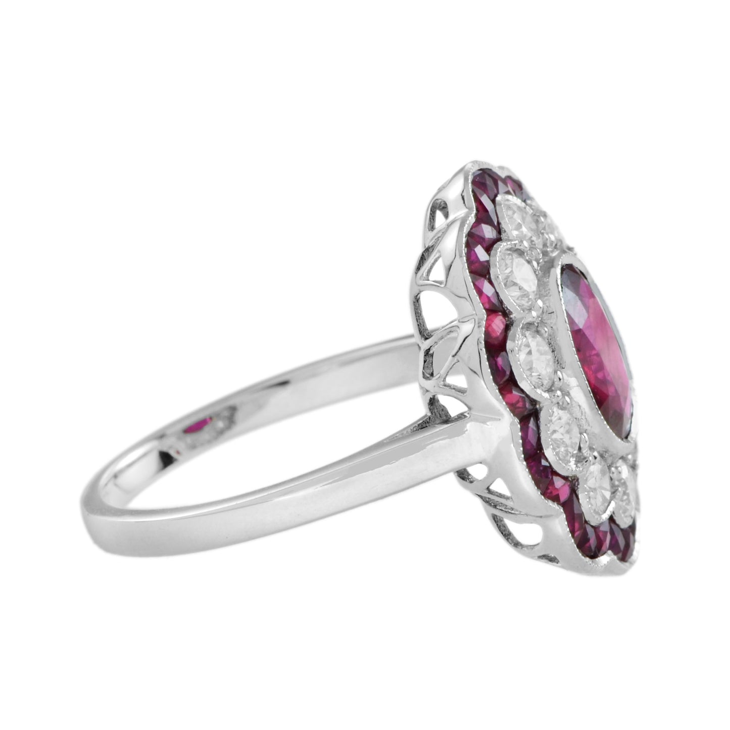 certified no heated siamese red pink ruby & diamonds cluster 18k white gold ring