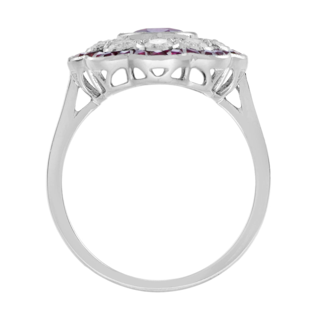 Certified No Heated Siamese Red Pink Ruby & Diamonds Cluster 18K White Gold Ring